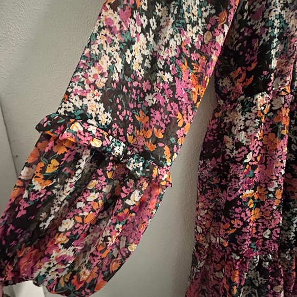 Vince Camuto Womens Black Floral Tiered Chiffon Long Sleeve Ruffle Dress XS - Picture 4 of 7